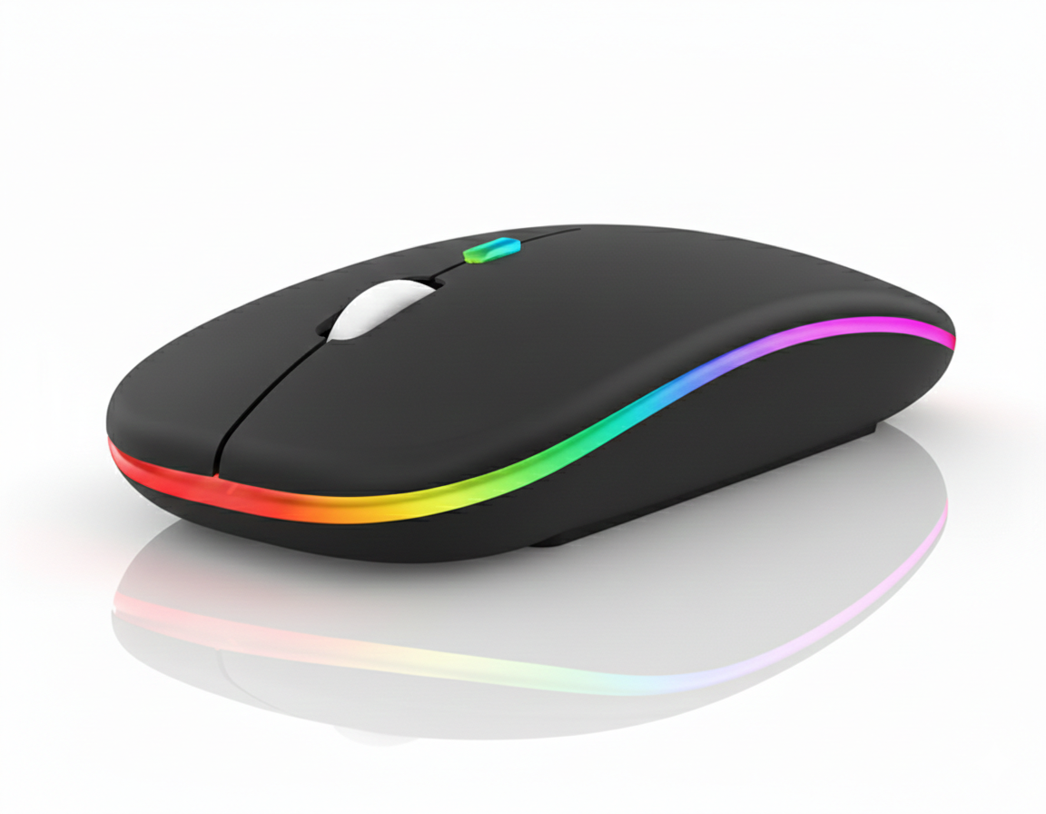 Black computer mouse with rainbow LED lights on a white background