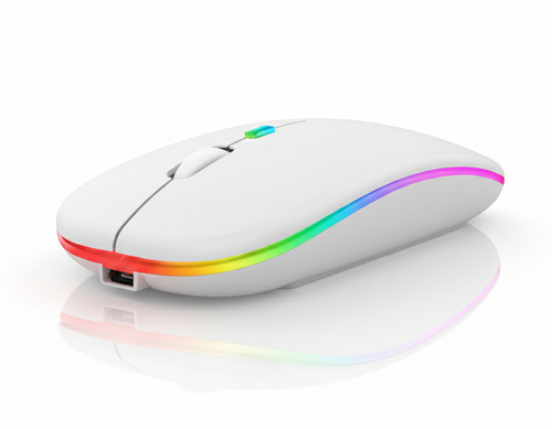 White computer mouse with rainbow LED light on a white background