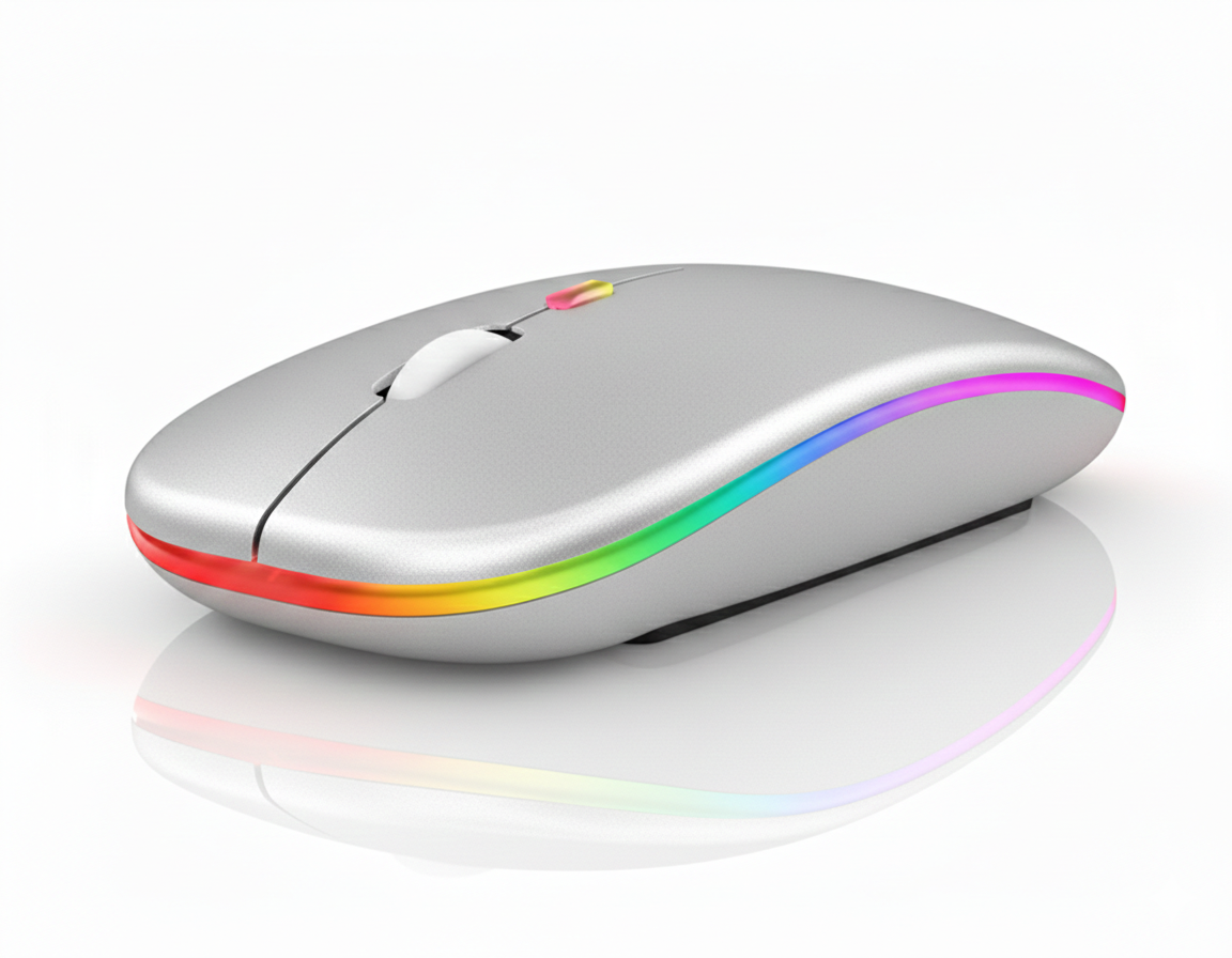 Silver computer mouse with rainbow-colored LED lights on a white background