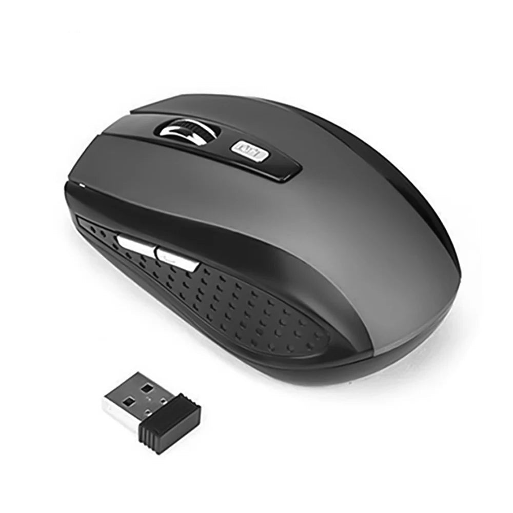 Black wireless mouse with USB receiver on a white background