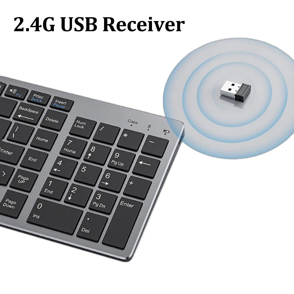 Rechargeable Slim Keyboard – Dual Bluetooth + 2.4G Wireless for Tablet & MacBook/PC