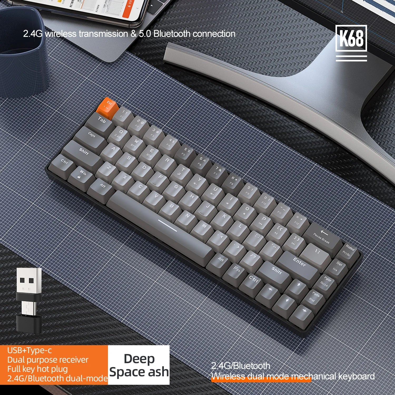K68 Mini Mechanical Keyboard – Dual Mode Bluetooth/2.4G & Hot-Swappable