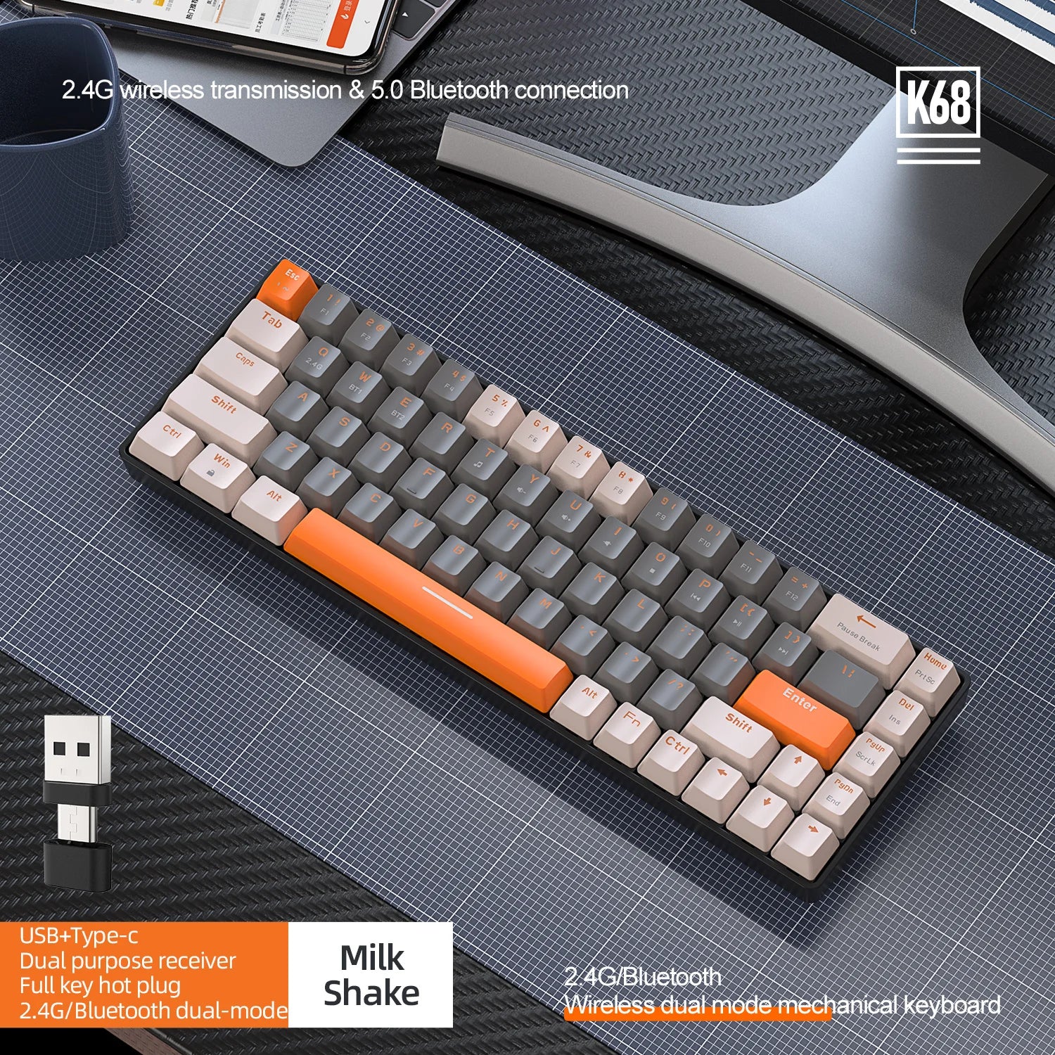K68 Mini Mechanical Keyboard – Dual Mode Bluetooth/2.4G & Hot-Swappable