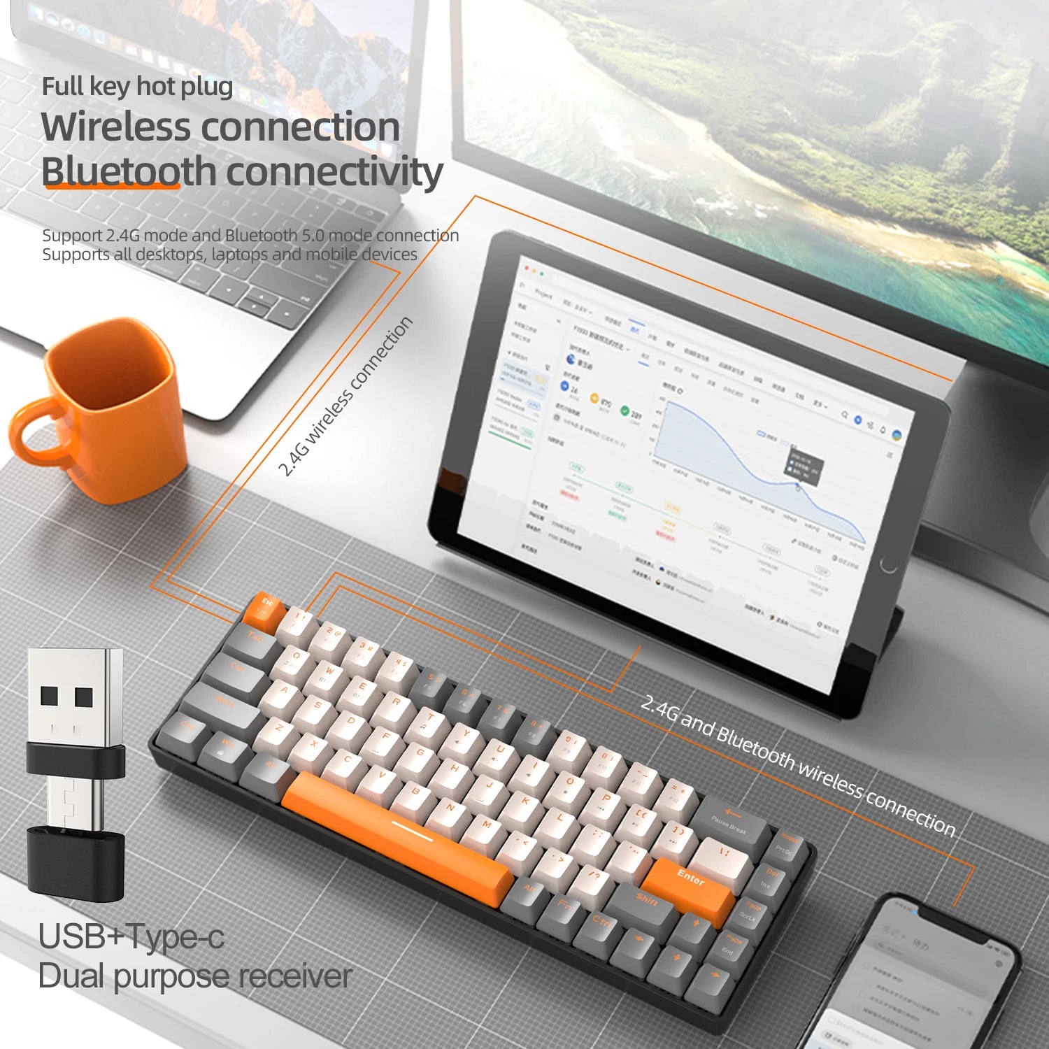 K68 Mini Mechanical Keyboard – Dual Mode Bluetooth/2.4G & Hot-Swappable
