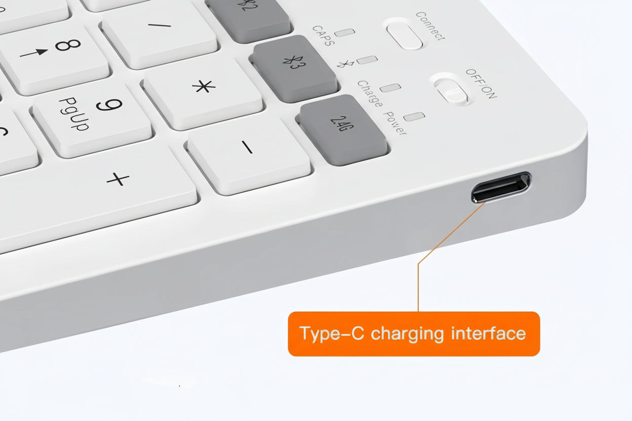 Close-up of a digital keyboard with Type-C charging interface on a white background